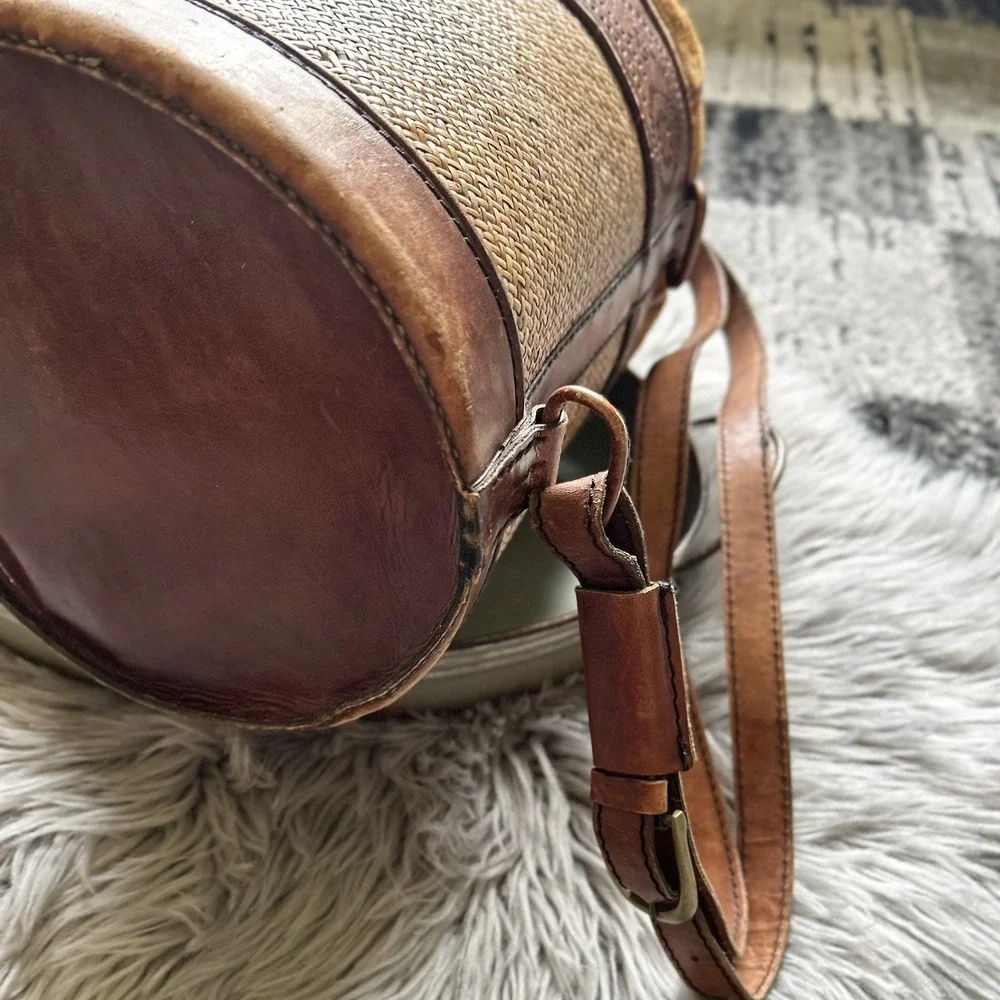 Vintage French Leather Trimmed Wicker‎ Bucket Bag Backpack